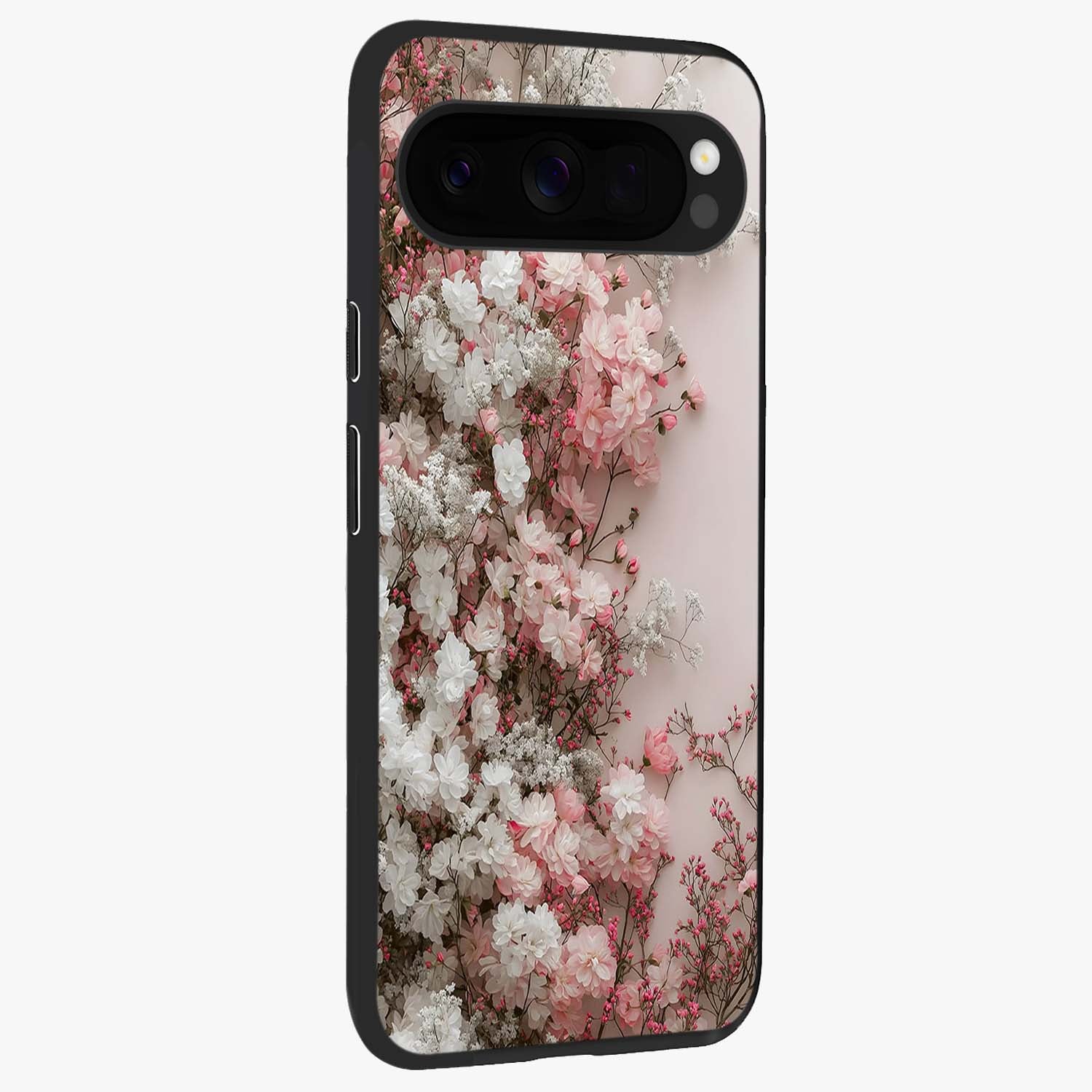 Blush Blossom Cloud Glass Case upright view showcasing calm floral cloud artwork with gentle dreamy theme.