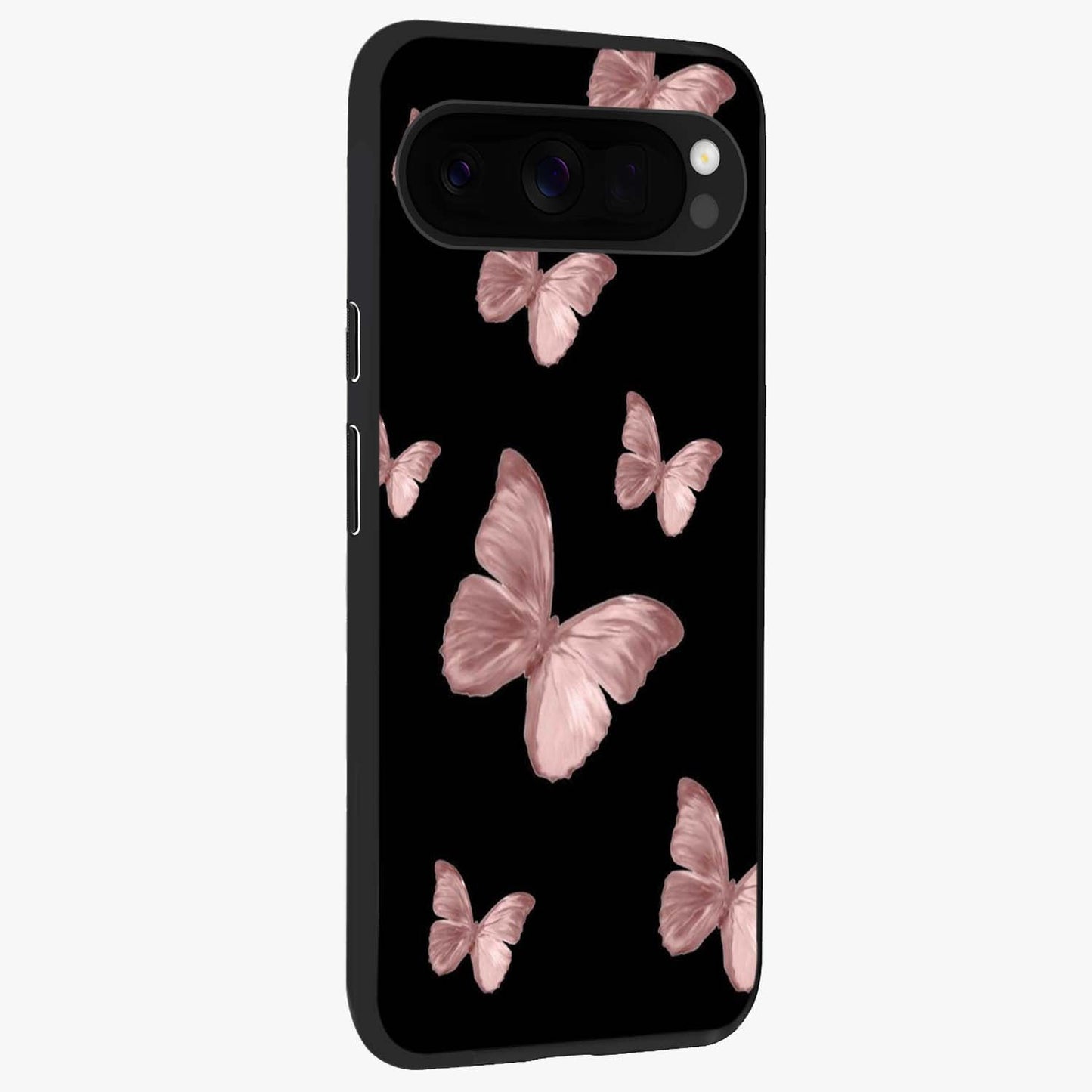 Butterfly Pattern Glass Case upright view showcasing graceful butterfly artwork with soft decorative theme.