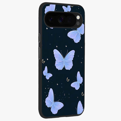 Butterfly With Stars Pattern Glass Case upright view showcasing celestial butterfly artwork with sparkling star elements.