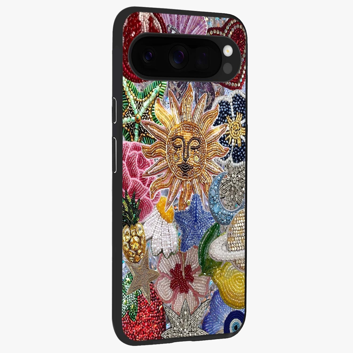 Celestial Floral and Playful Glass Case upright view showcasing whimsical floral artwork with cosmic aesthetic theme.