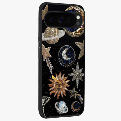Celestial Gem Constellations Glass Case upright view showcasing cosmic constellation artwork with celestial aesthetic style.