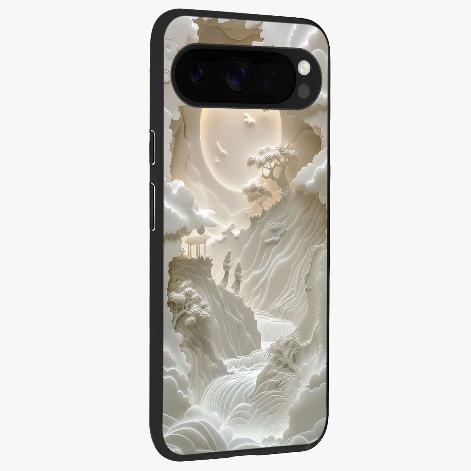Celestial Origami Glass Case upright view showcasing creative origami artwork with modern celestial style.