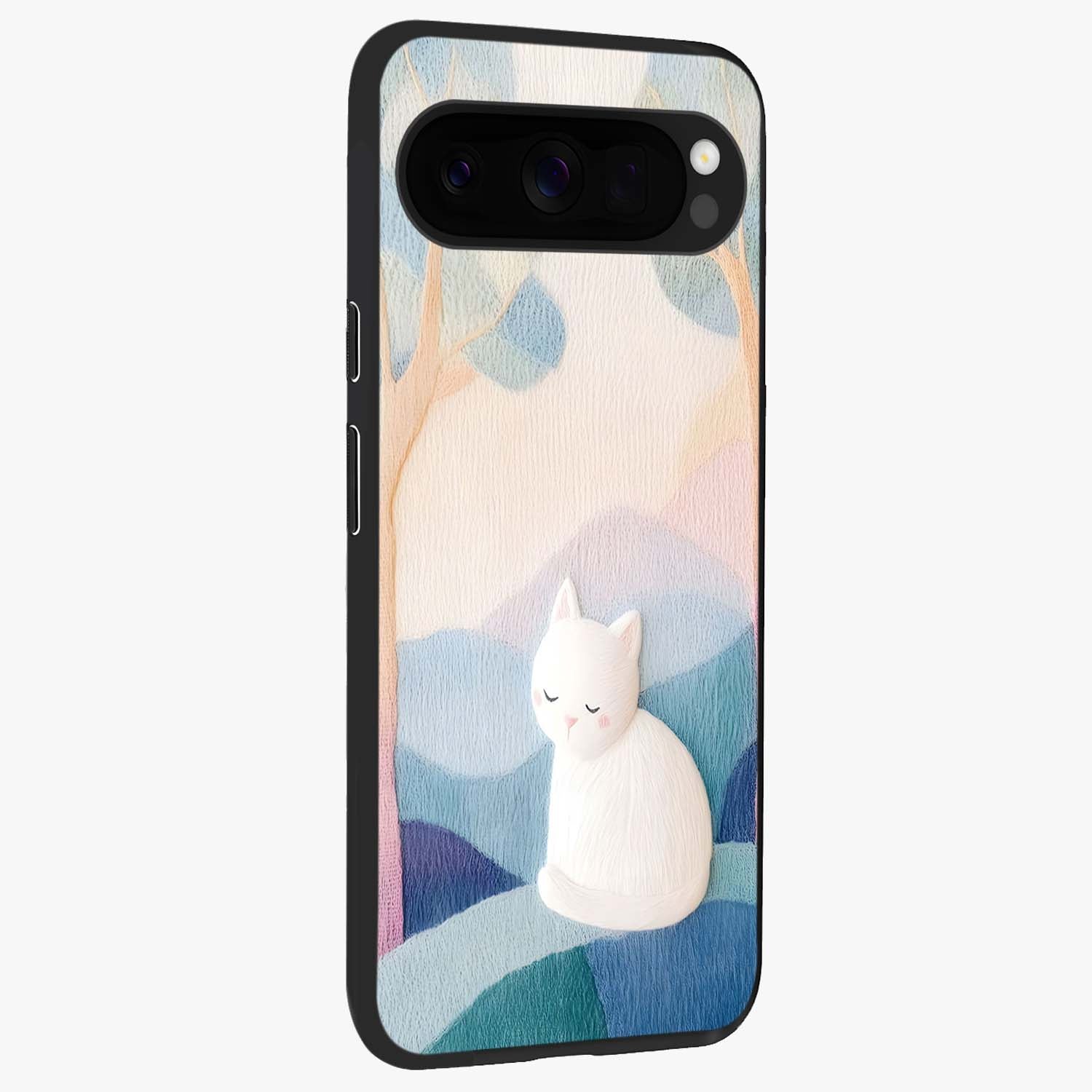 Cotton Dream Cat Glass Case upright view showcasing charming cat artwork with cozy dreamy theme.