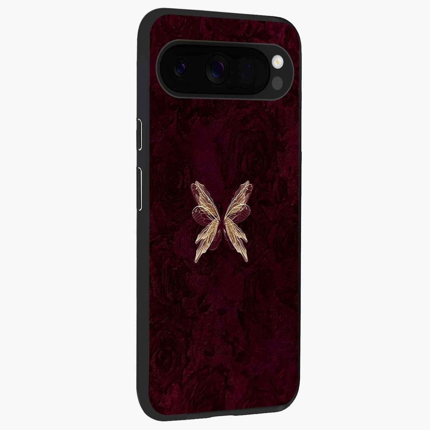 Crimson Fade Butterfly Glass Case upright view showcasing graceful butterfly artwork with soft crimson fade effect.
