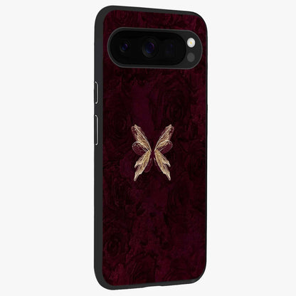 Crimson Fade Butterfly Glass Case upright view showcasing graceful butterfly artwork with soft crimson fade effect.