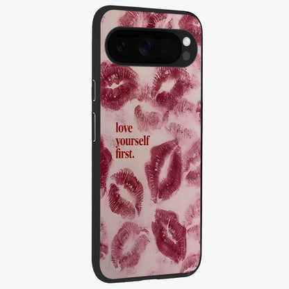 Crimson Kiss Love Glass Case upright view showcasing expressive romantic artwork with deep crimson theme.