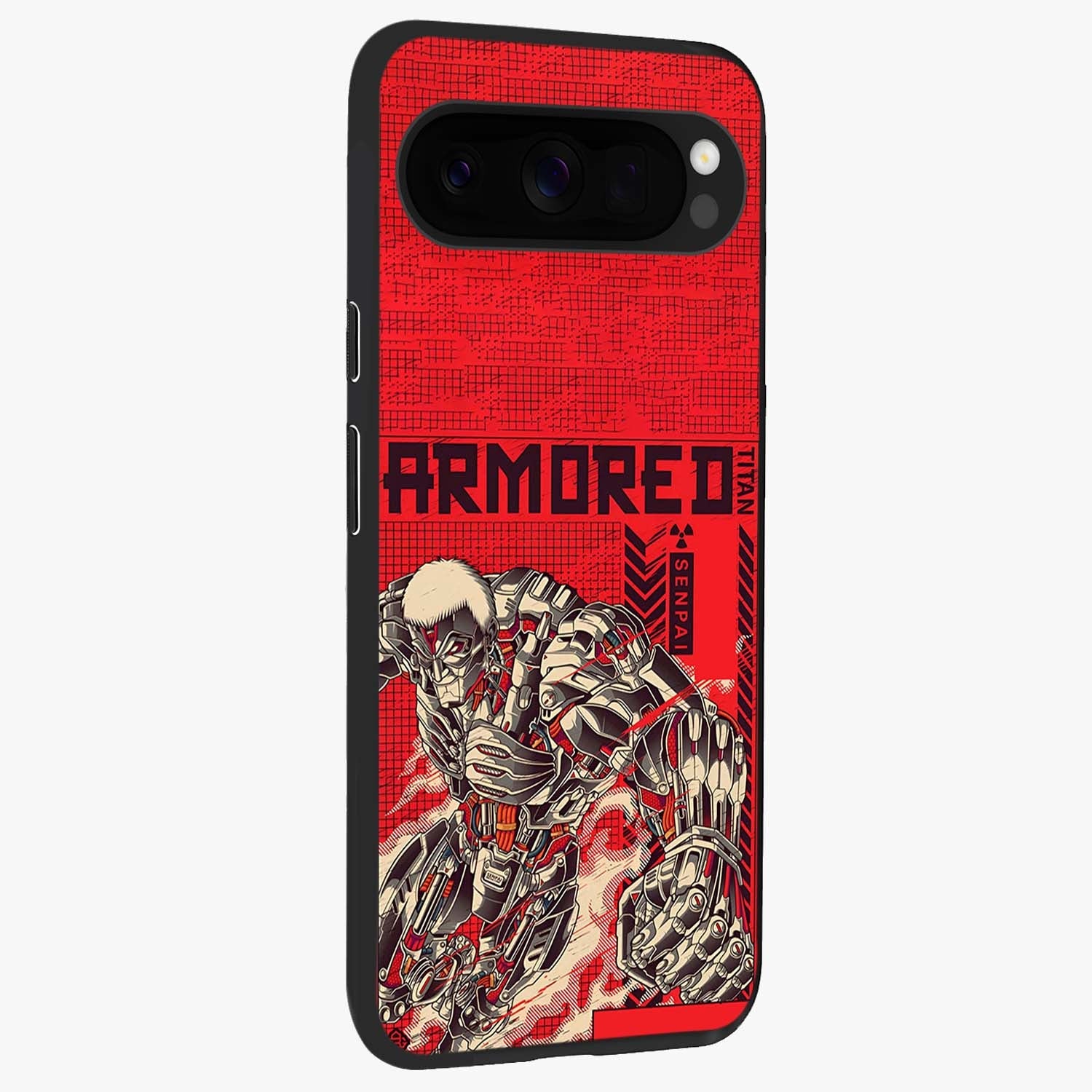 Crimson Mecha Titan Glass Case upright view showcasing dynamic robotic titan design with sci-fi inspired theme.