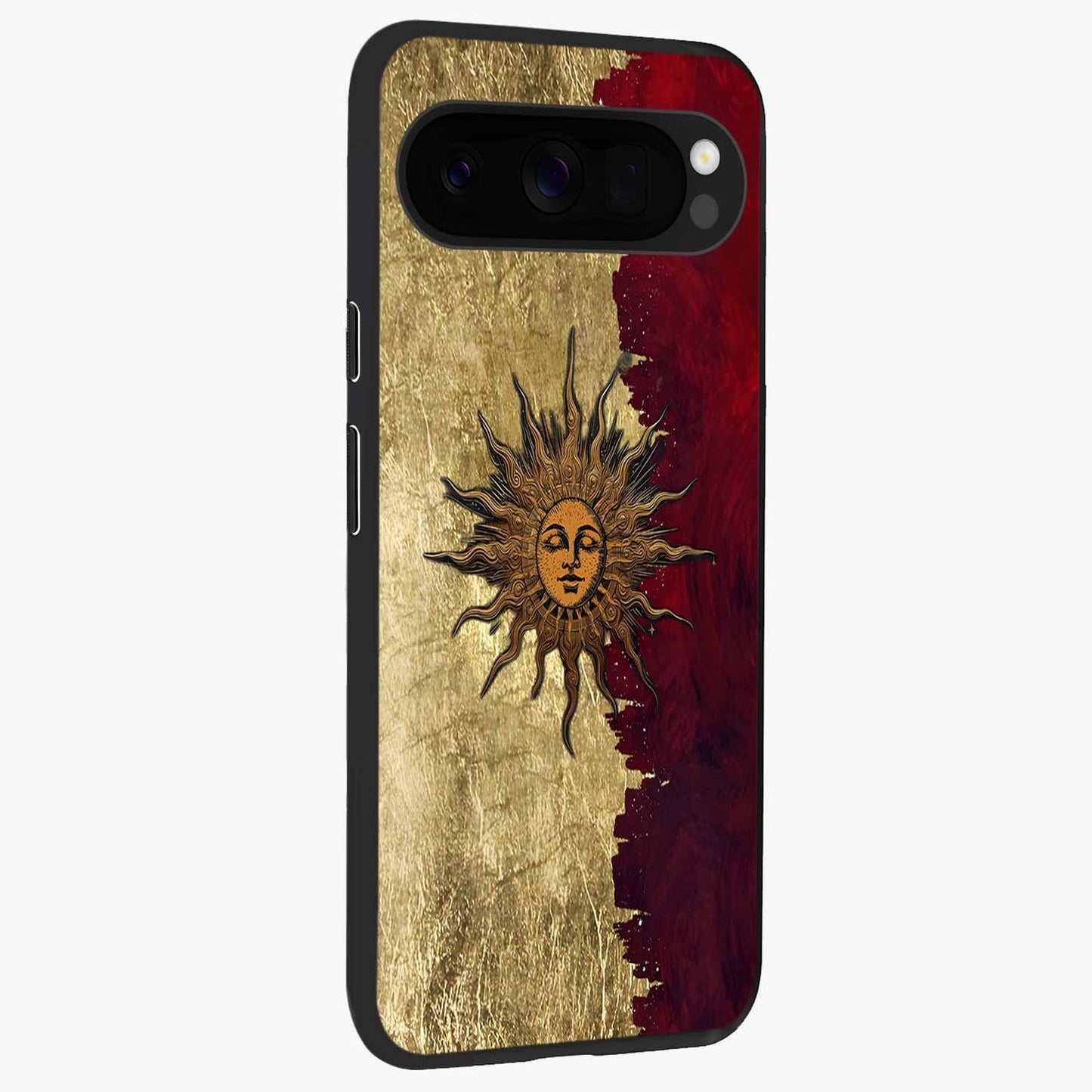 Crimson Sun Majesty Glass Case upright view showcasing vibrant sun artwork with powerful celestial theme.