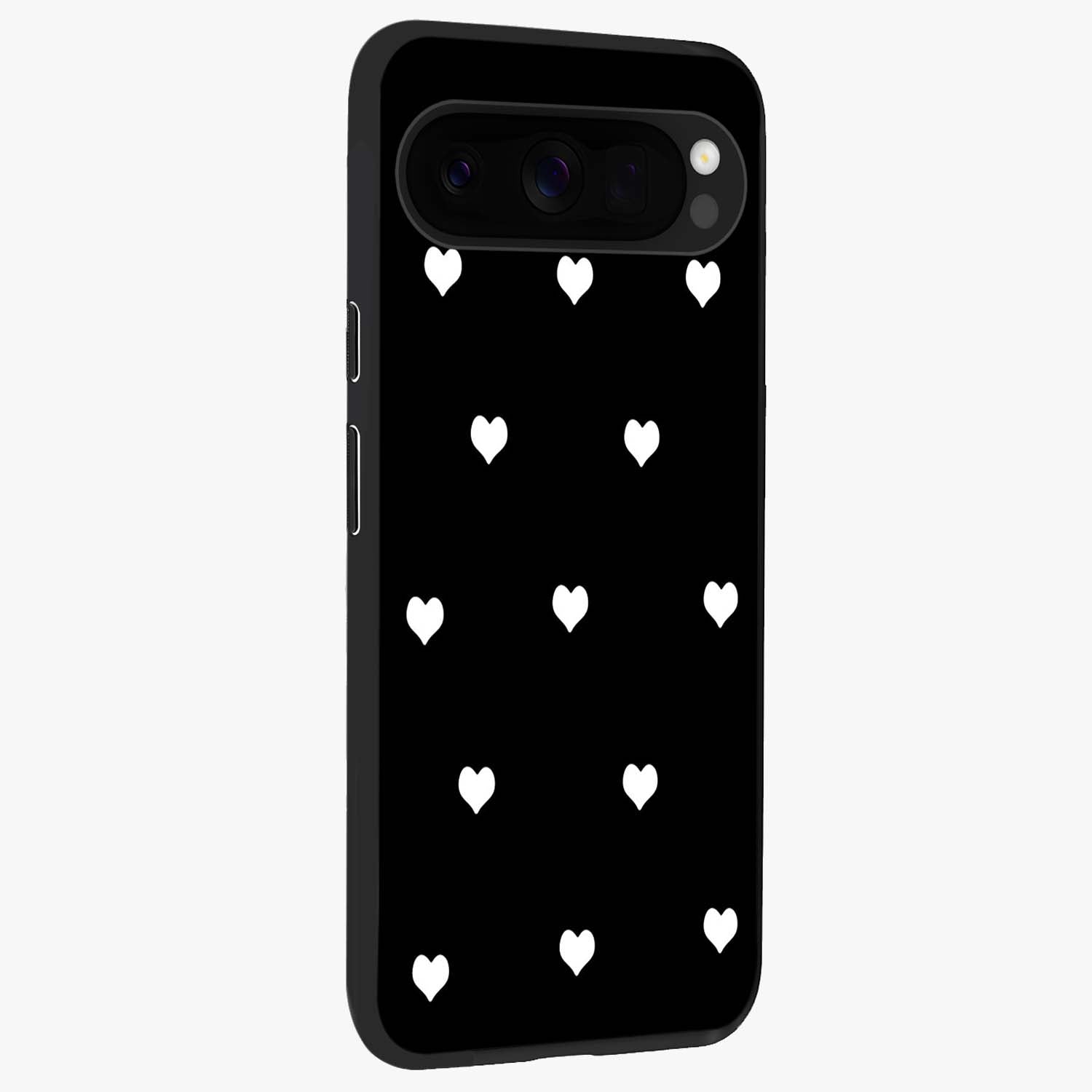 Cute And Simple White Hearts Glass Case upright view showcasing simple white hearts artwork with soft minimal theme.