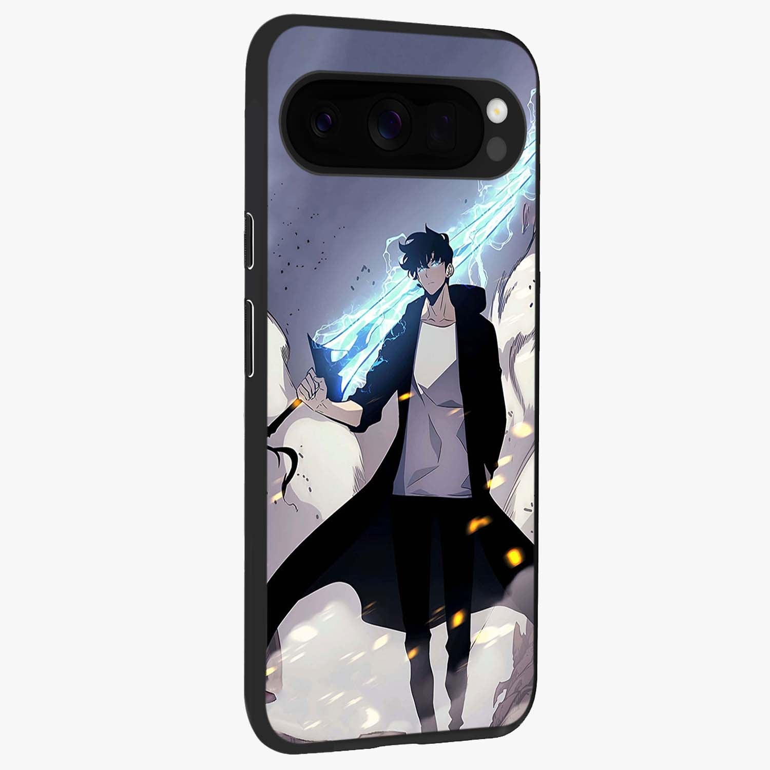 Dark Lightning Anime Warrior Glass Case upright view showcasing dramatic warrior artwork with dark lightning aesthetic.