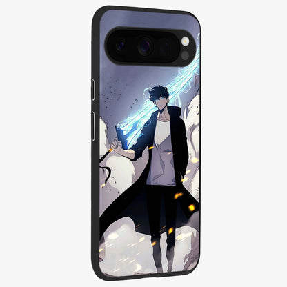 Dark Lightning Anime Warrior Glass Case upright view showcasing dramatic warrior artwork with dark lightning aesthetic.