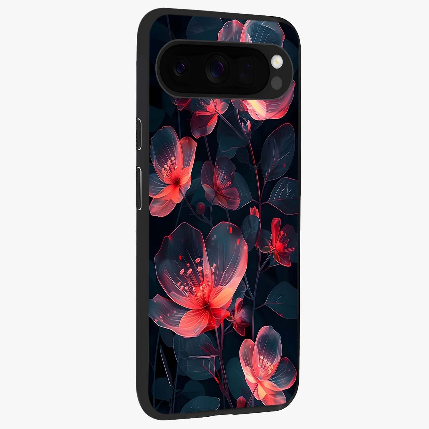 Dark Shade of Flower Glass Case upright view showcasing delicate flower artwork with rich dark floral theme.