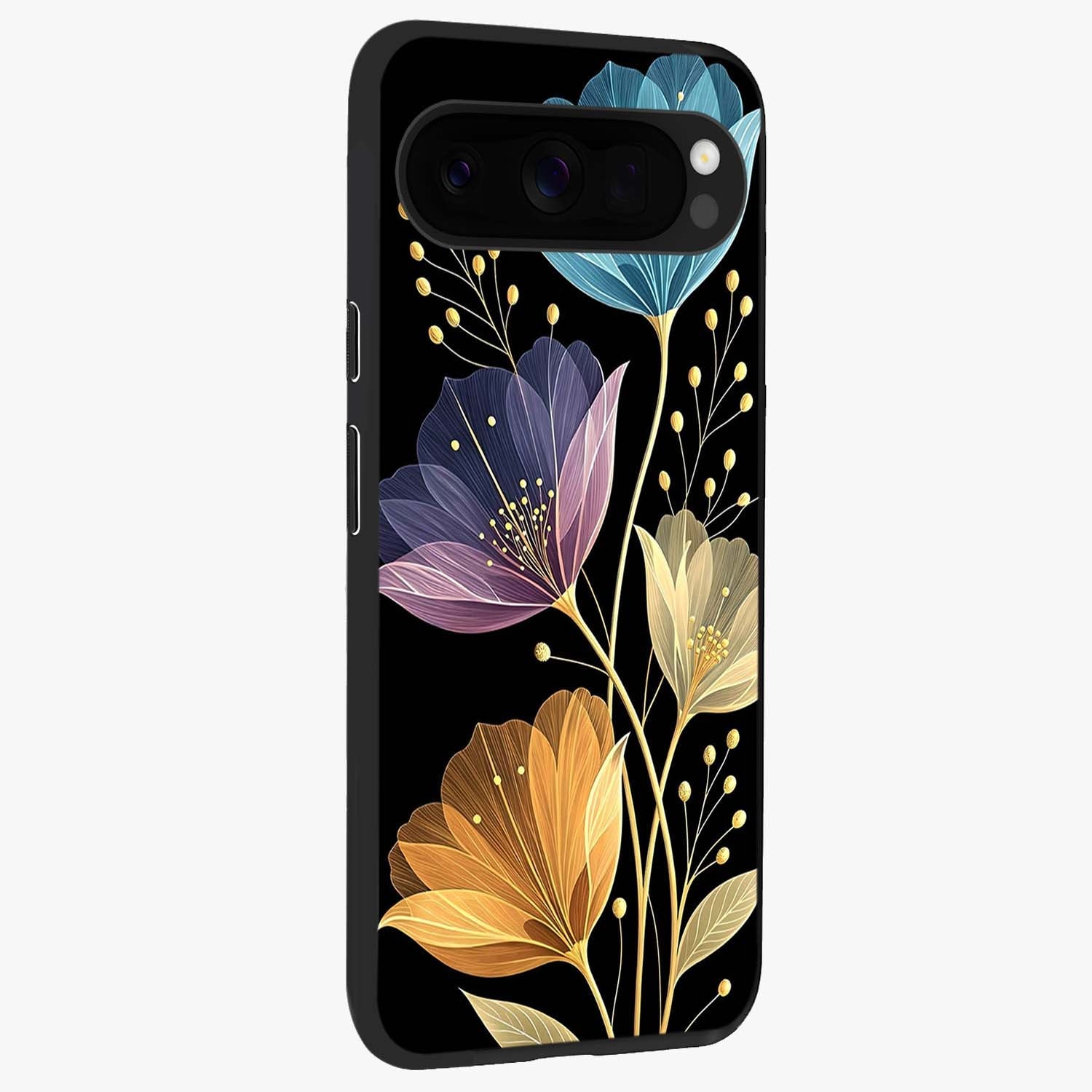 Delicate Multicolor Flowers Glass Case upright view showcasing delicate floral artwork with bright botanical theme.