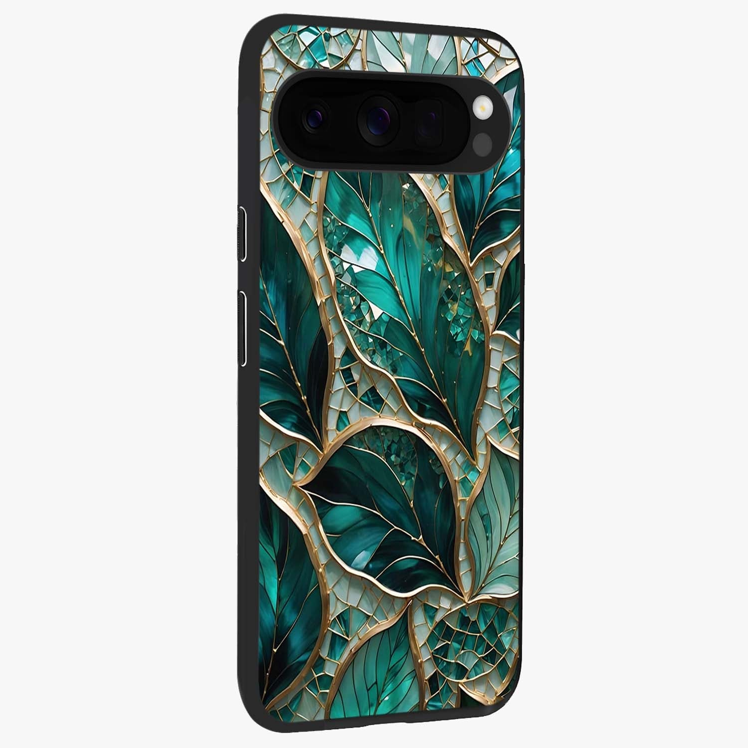 Emerald Leaf Glass Glass Case upright view showcasing fresh green leaf artwork with calming nature inspired style.