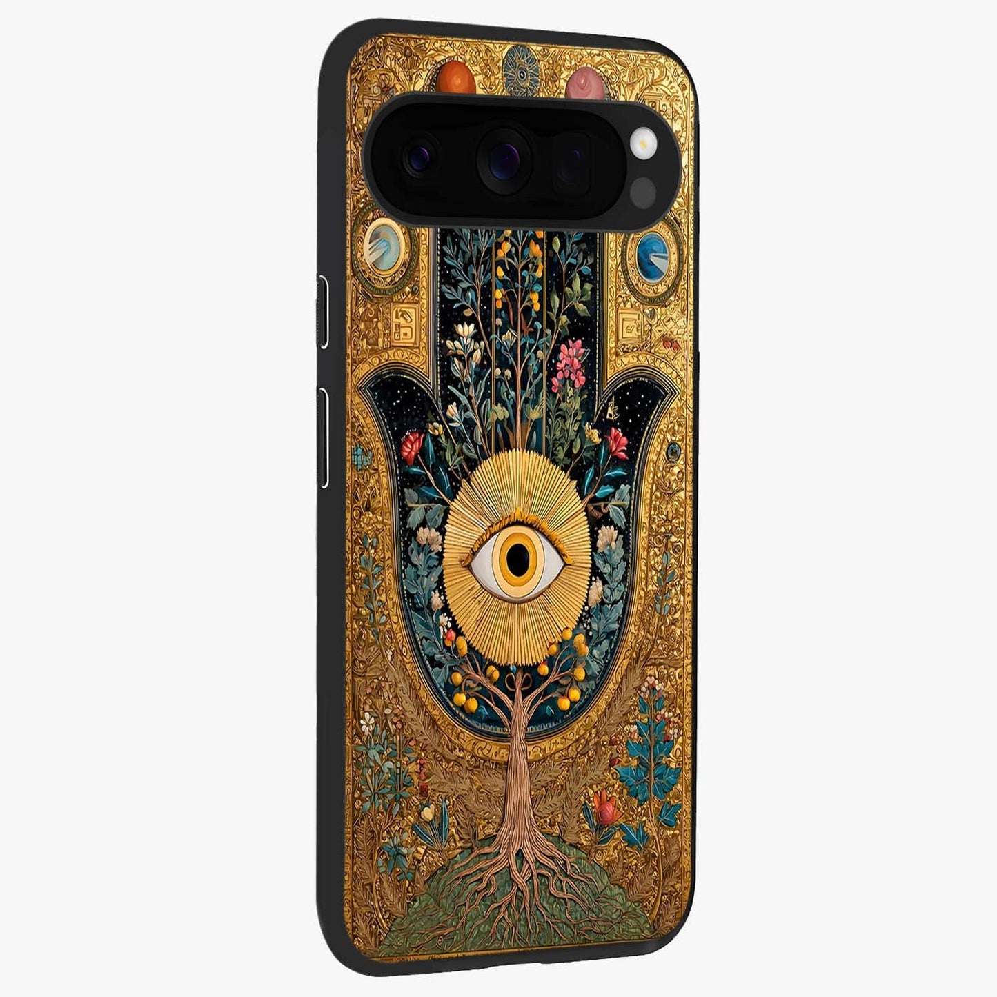 Ethereal Evil Eye Glass Case upright view showcasing celestial evil eye artwork with mystical theme.