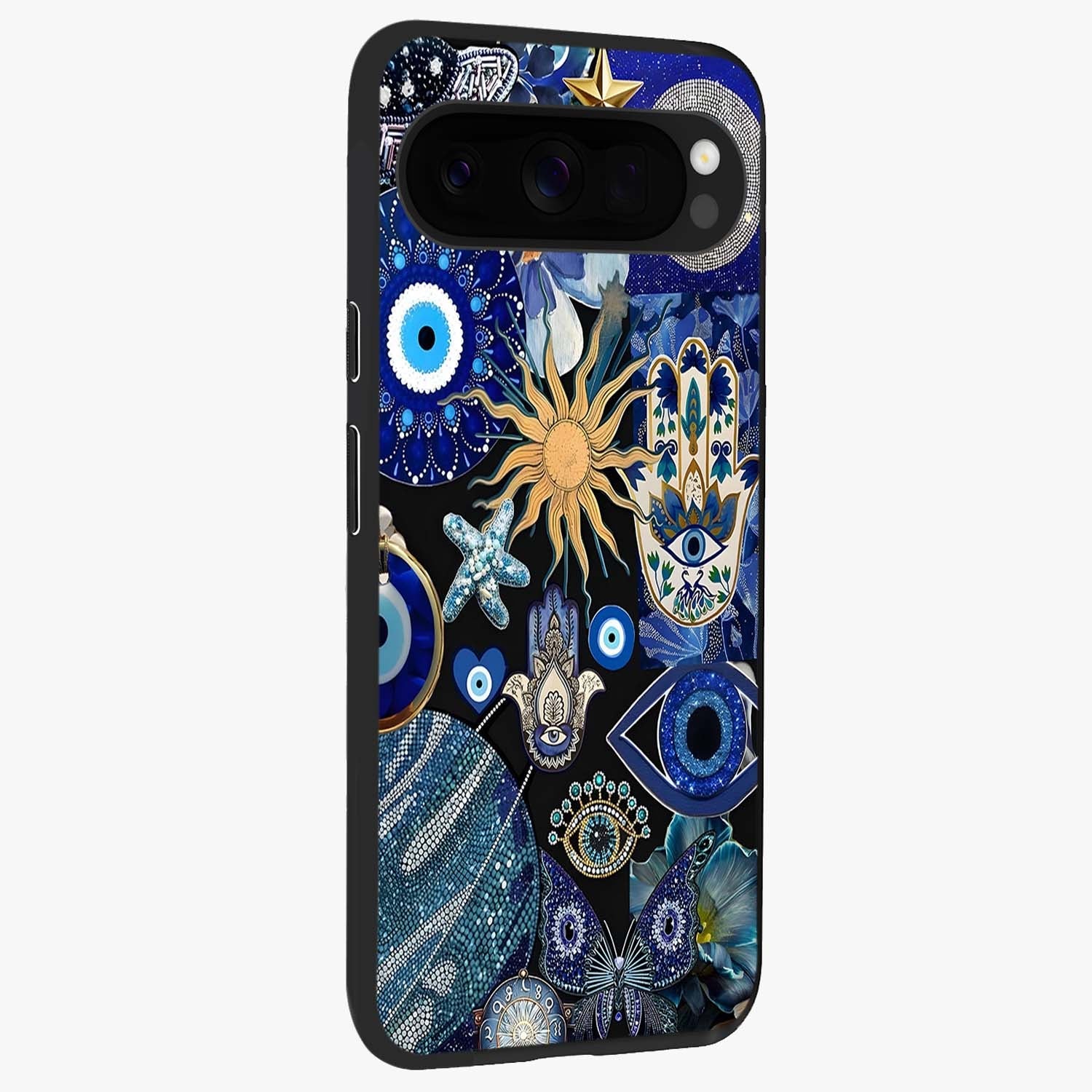 Evil Eye Charm Mix Glass Case upright view showcasing mystical evil eye pattern with vibrant decorative style.