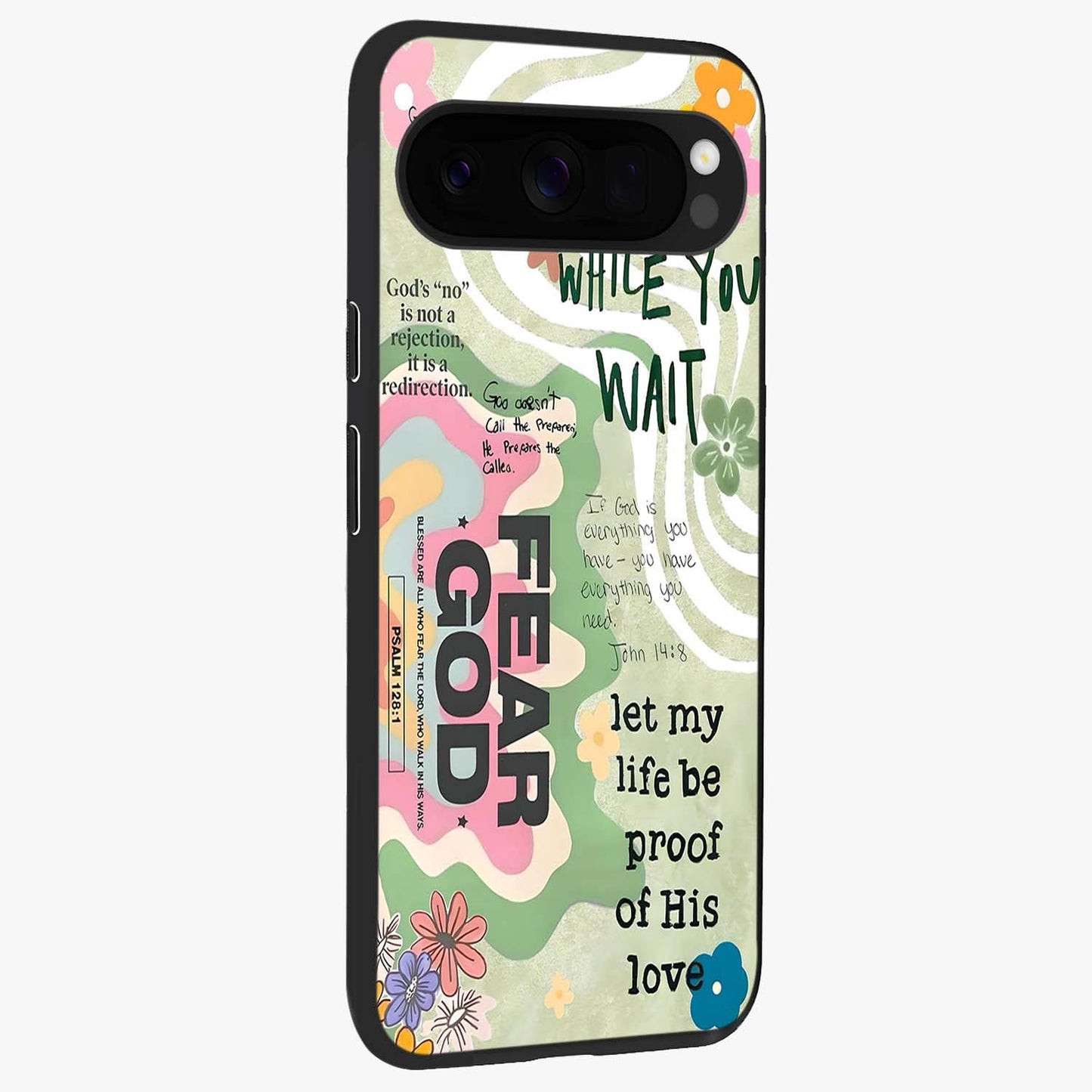 Faith Over Fear Glass Case upright view showcasing bold typography artwork with uplifting motivational theme.