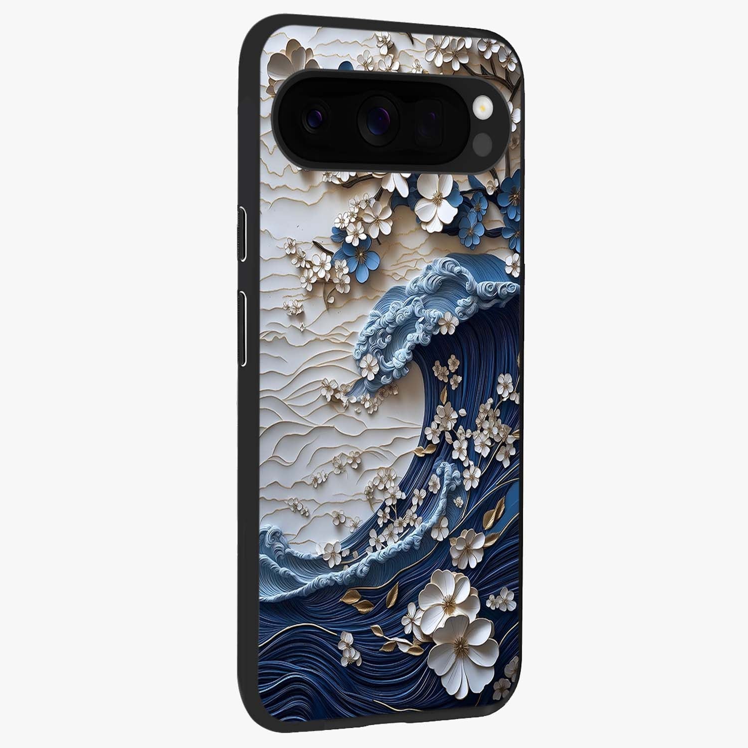 Floral Wave Origami Glass Case upright view showcasing creative floral origami artwork with artistic decorative theme.