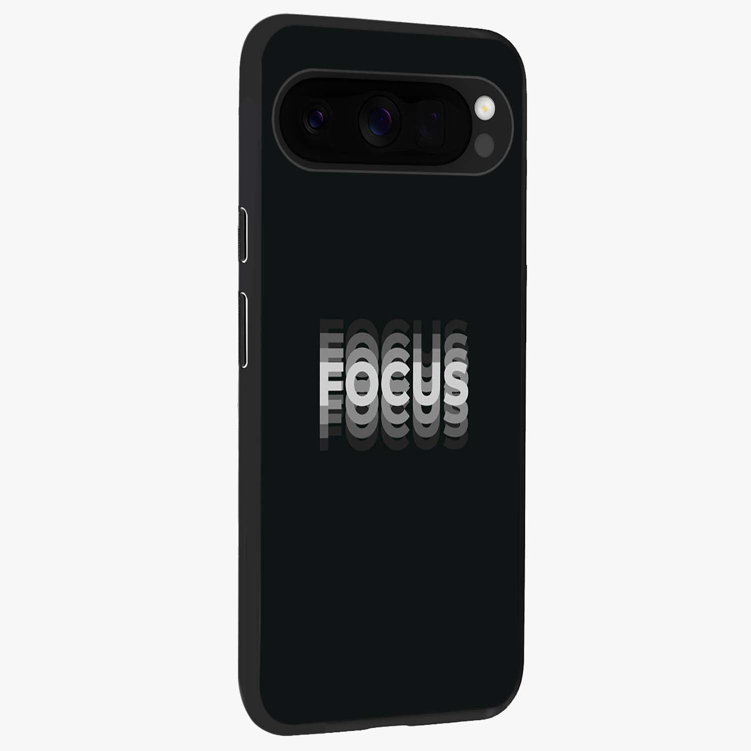 Focus Mode On Glass Case upright view showcasing strong typography statement with sleek motivational theme.