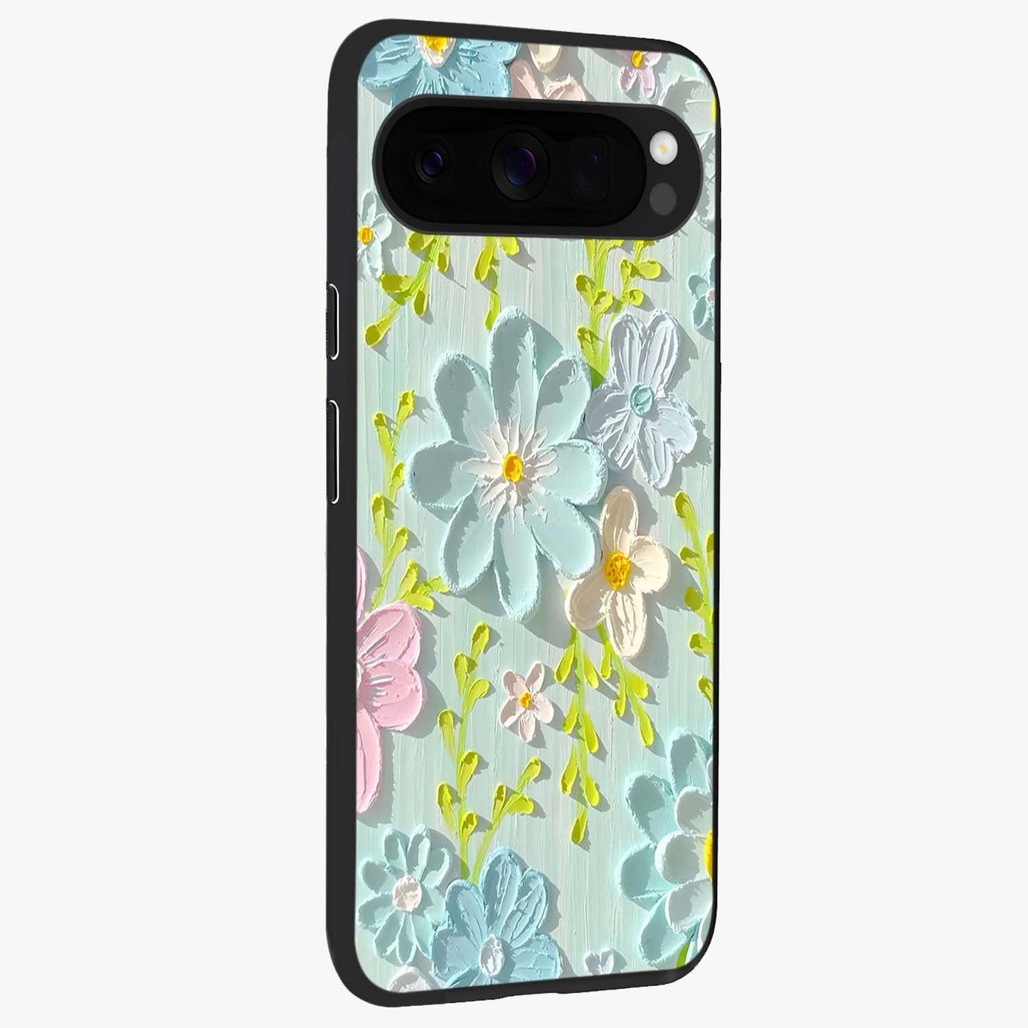 Frosted Petal Garden Glass Case upright view showcasing elegant floral garden artwork with soothing pastel theme.