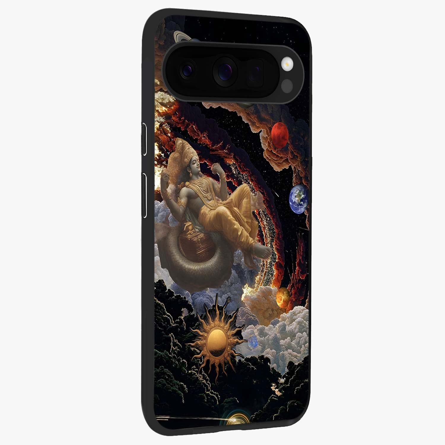 Galactic Divine God Glass Case upright view showcasing mystical divine artwork with dramatic cosmic theme.