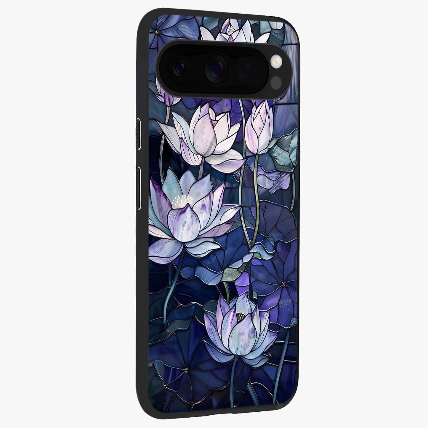 Gloss Petal Rush Glass Case upright view showcasing dynamic floral petal artwork with modern botanical theme.