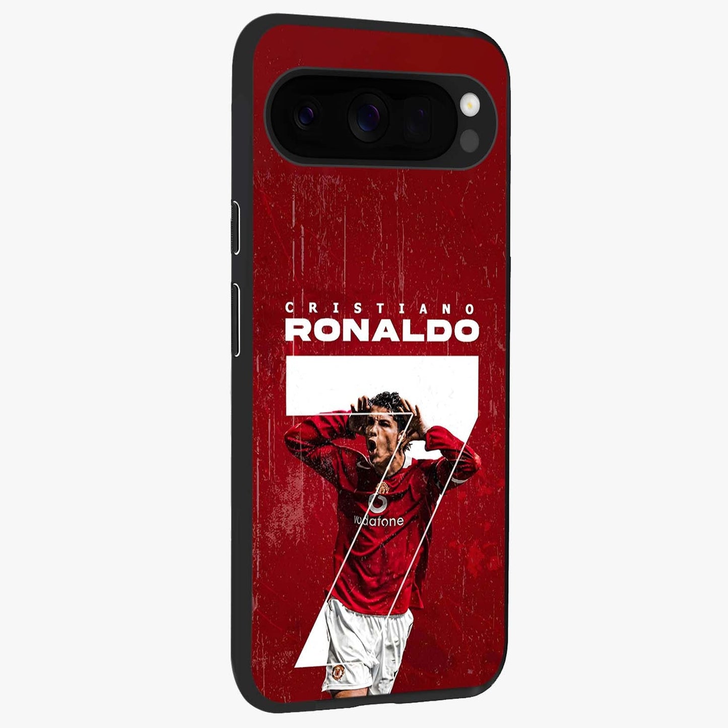 Goal Celebration Legacy Glass Case upright view showcasing dynamic football inspired artwork with victory celebration aesthetic.
