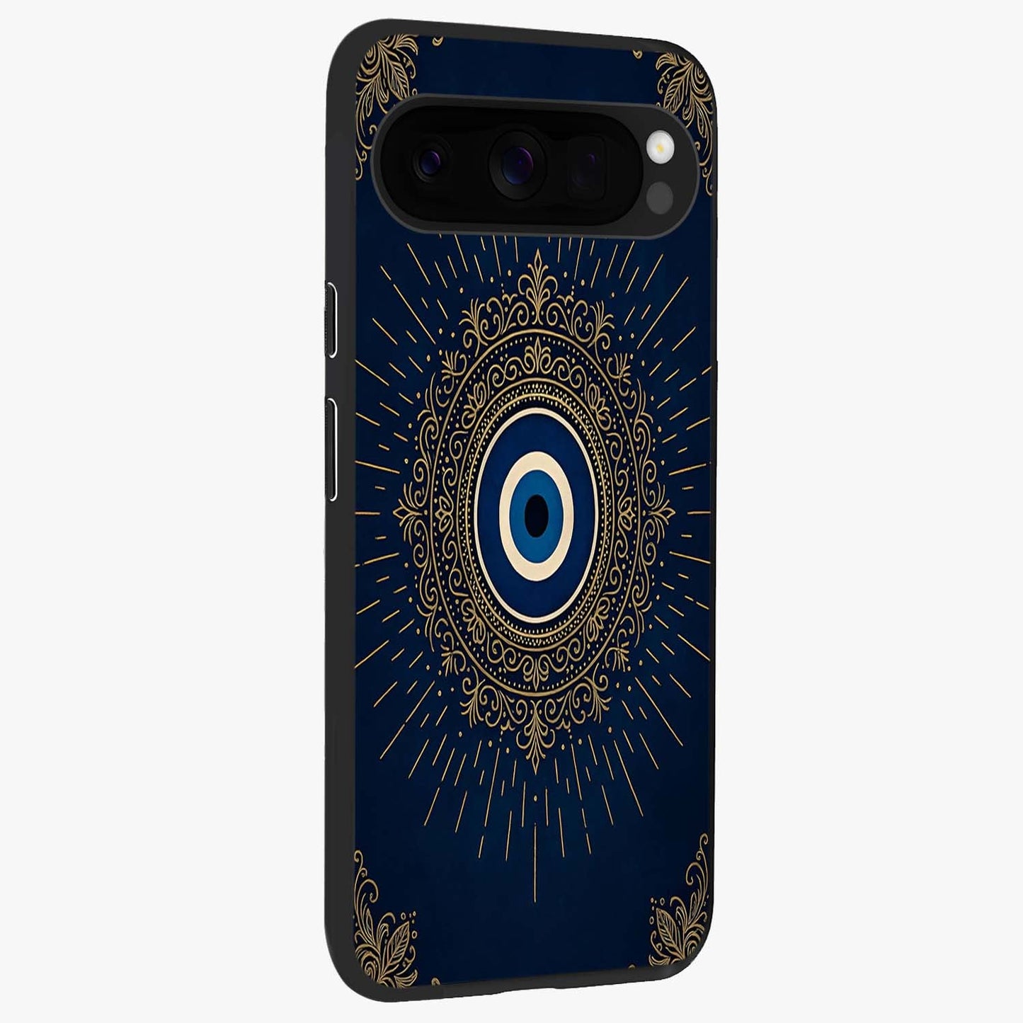 Golden Celestial Charm Glass Case upright view showcasing radiant celestial artwork with elegant golden theme.