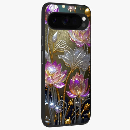 Golden Floral Majesty Glass Case upright view showcasing majestic floral artwork with rich decorative theme.