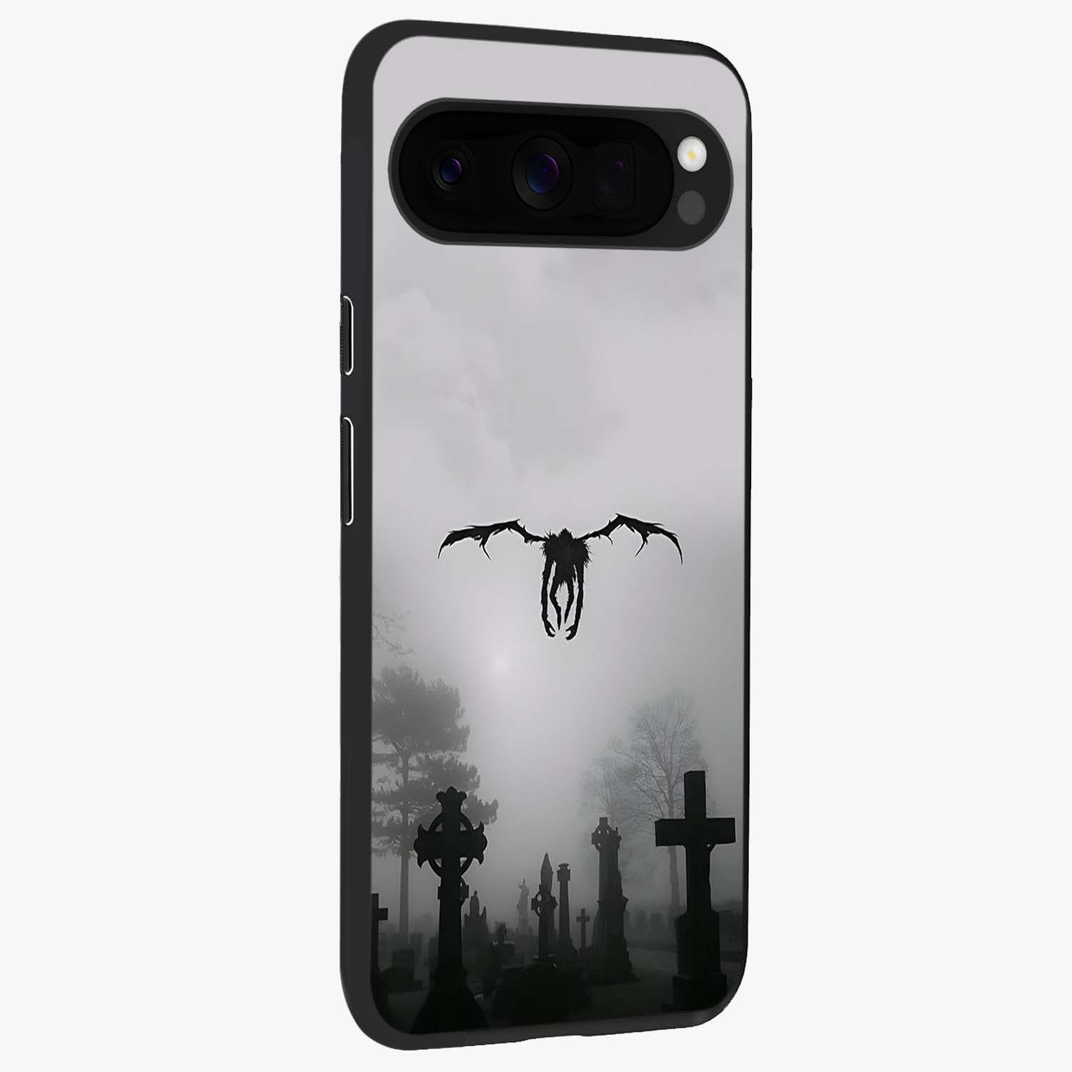 Graveyard Shadow Descent Glass Case upright view showcasing haunting graveyard artwork with dramatic dark theme.