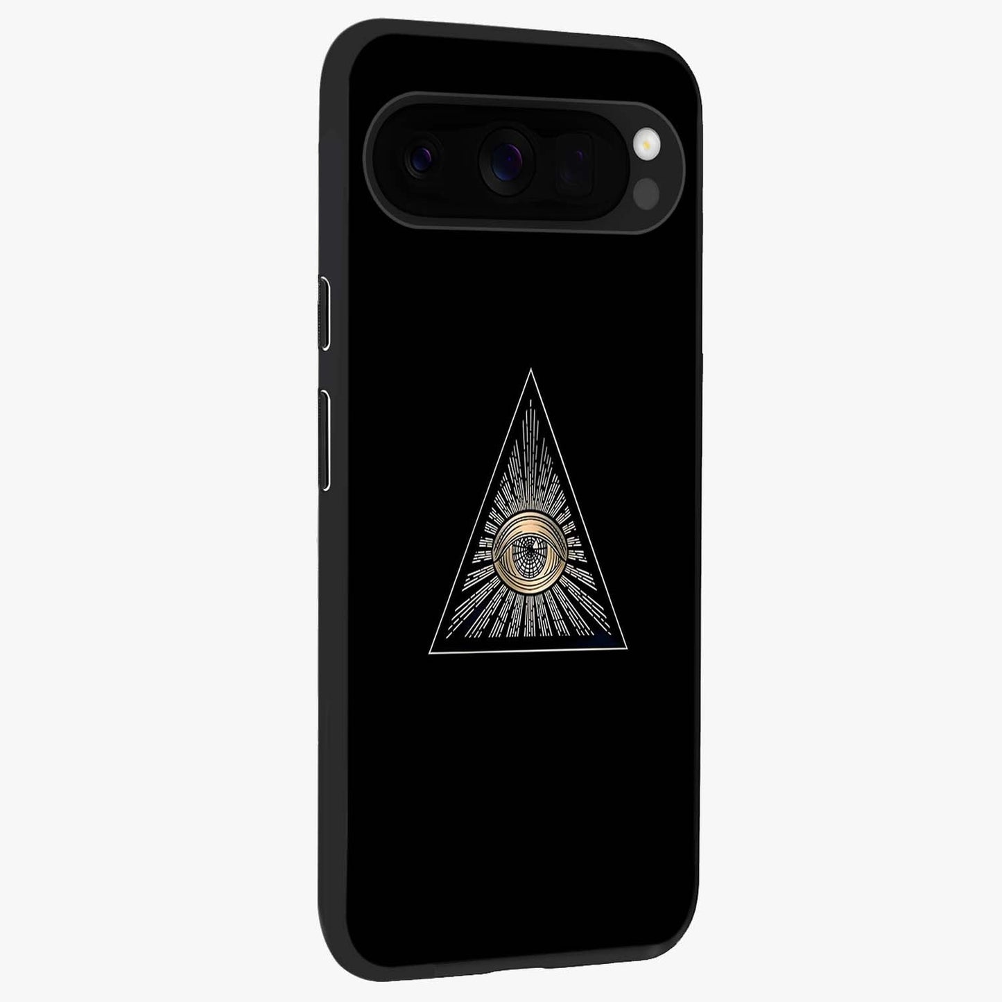 Illuminati Evil Glass Case upright view showcasing striking illuminati artwork with mysterious symbolic theme.