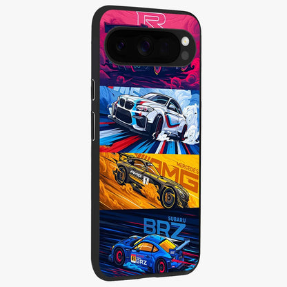 JDM Sports Car Glass Case upright view showcasing dynamic sports car artwork with bold racing theme.