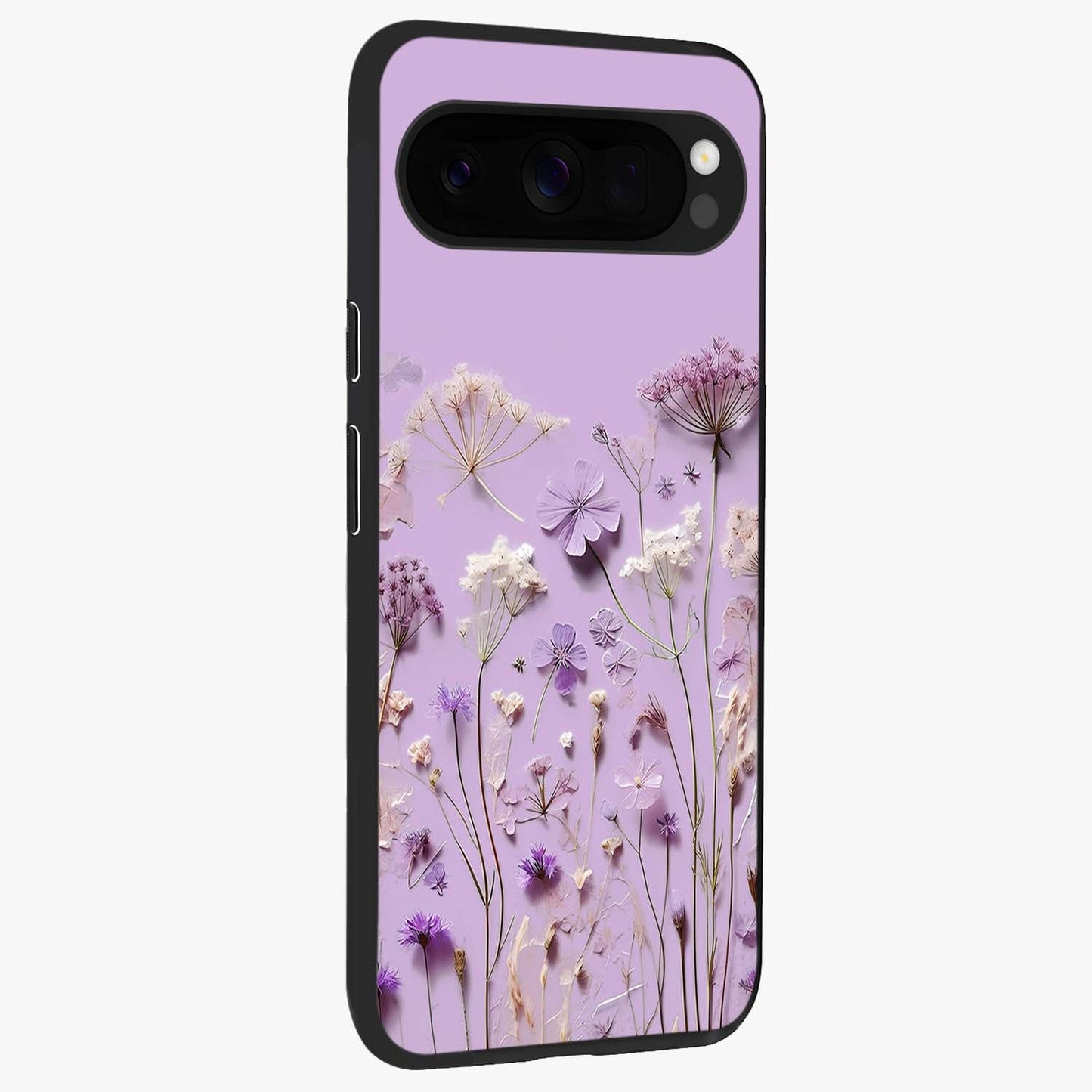 Lavender Blossom Dream Glass Case upright view showcasing delicate lavender blossom artwork with peaceful floral theme.