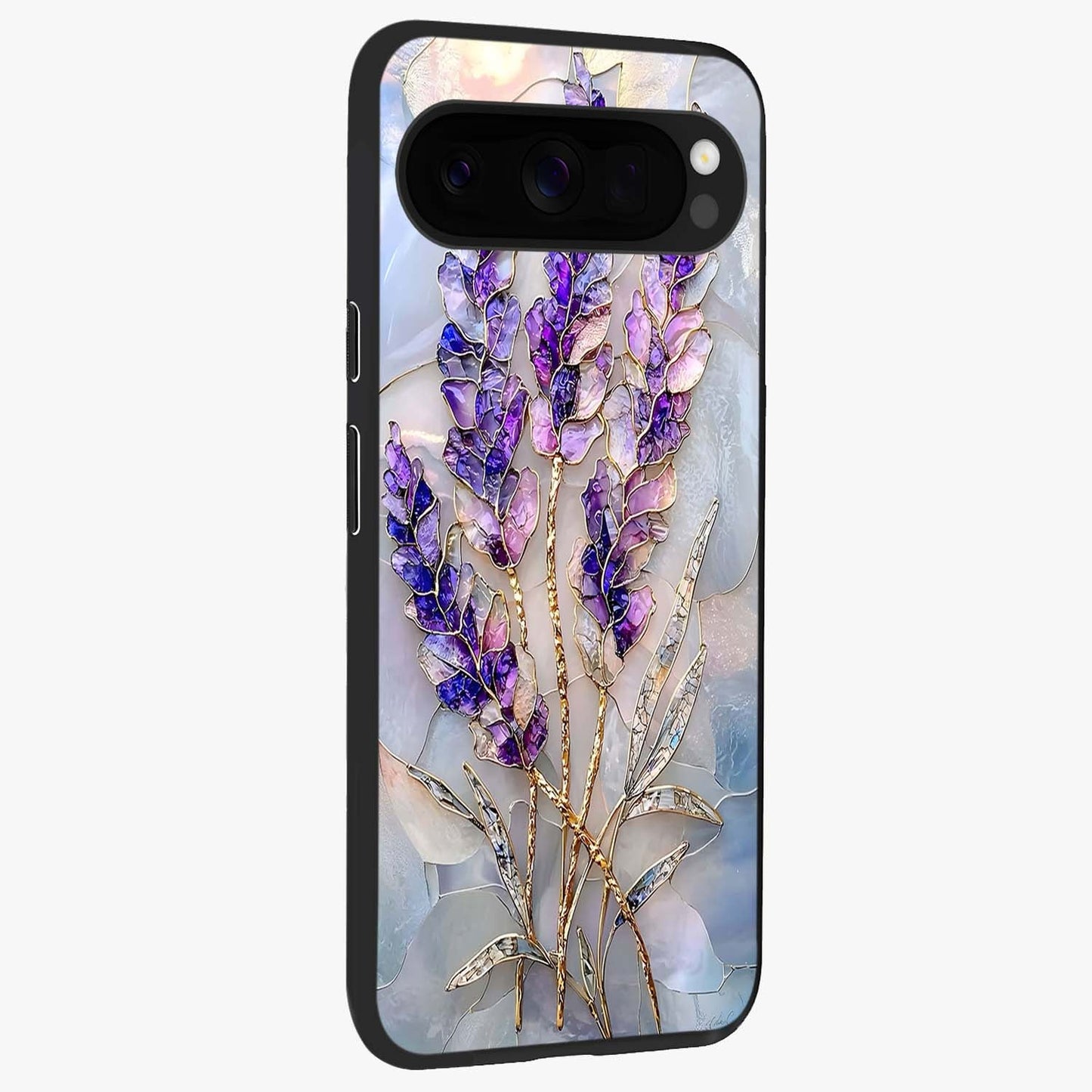 Lavender Dream Glow Glass Case upright view showcasing radiant lavender glow artwork with calming dreamy theme.