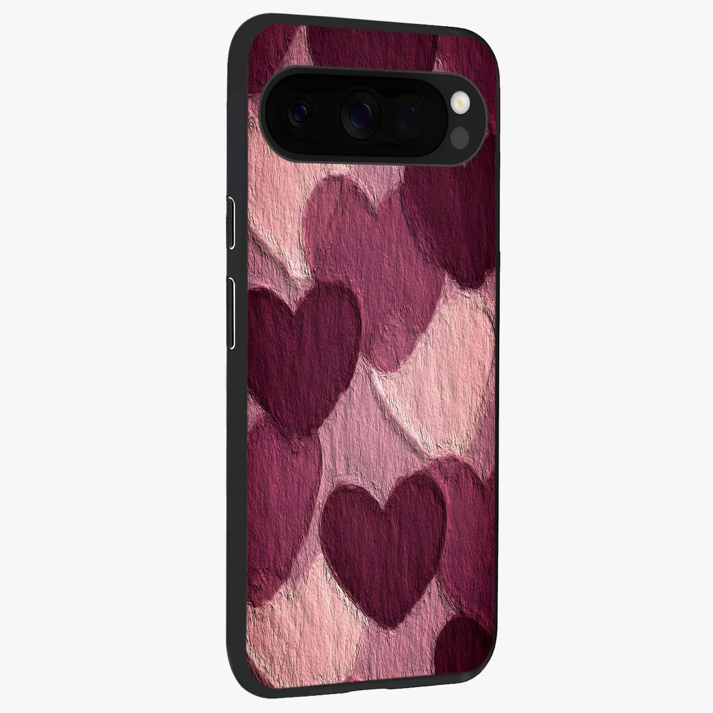 Layered Paper Hearts Glass Case upright view showcasing decorative layered heart artwork with sweet love theme.