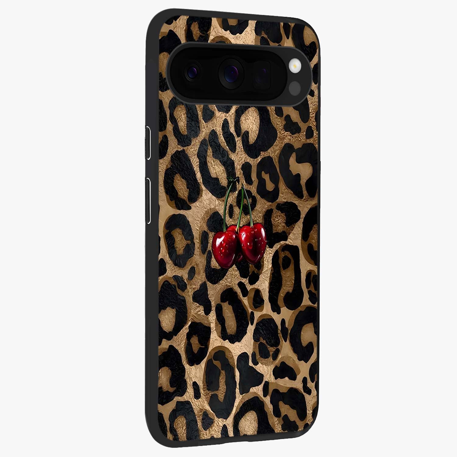 Leopard Wild Cherry Glass Case upright view showcasing stylish leopard pattern artwork with trendy fashion theme.