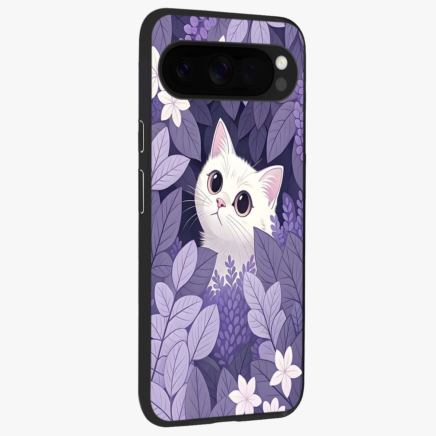 Lilac Hide Peek Cat Glass Case upright view showcasing charming cat artwork with adorable peek theme.