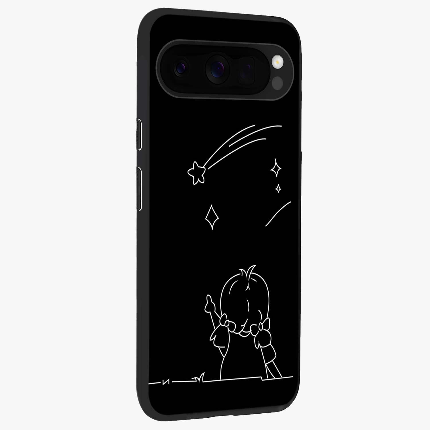 Line Art Girl With Shooting Stars Glass Case upright view showcasing delicate shooting stars artwork with minimal artistic theme.