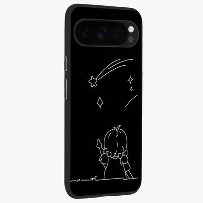 Line Art Girl With Shooting Stars Glass Case upright view showcasing delicate shooting stars artwork with minimal artistic theme.