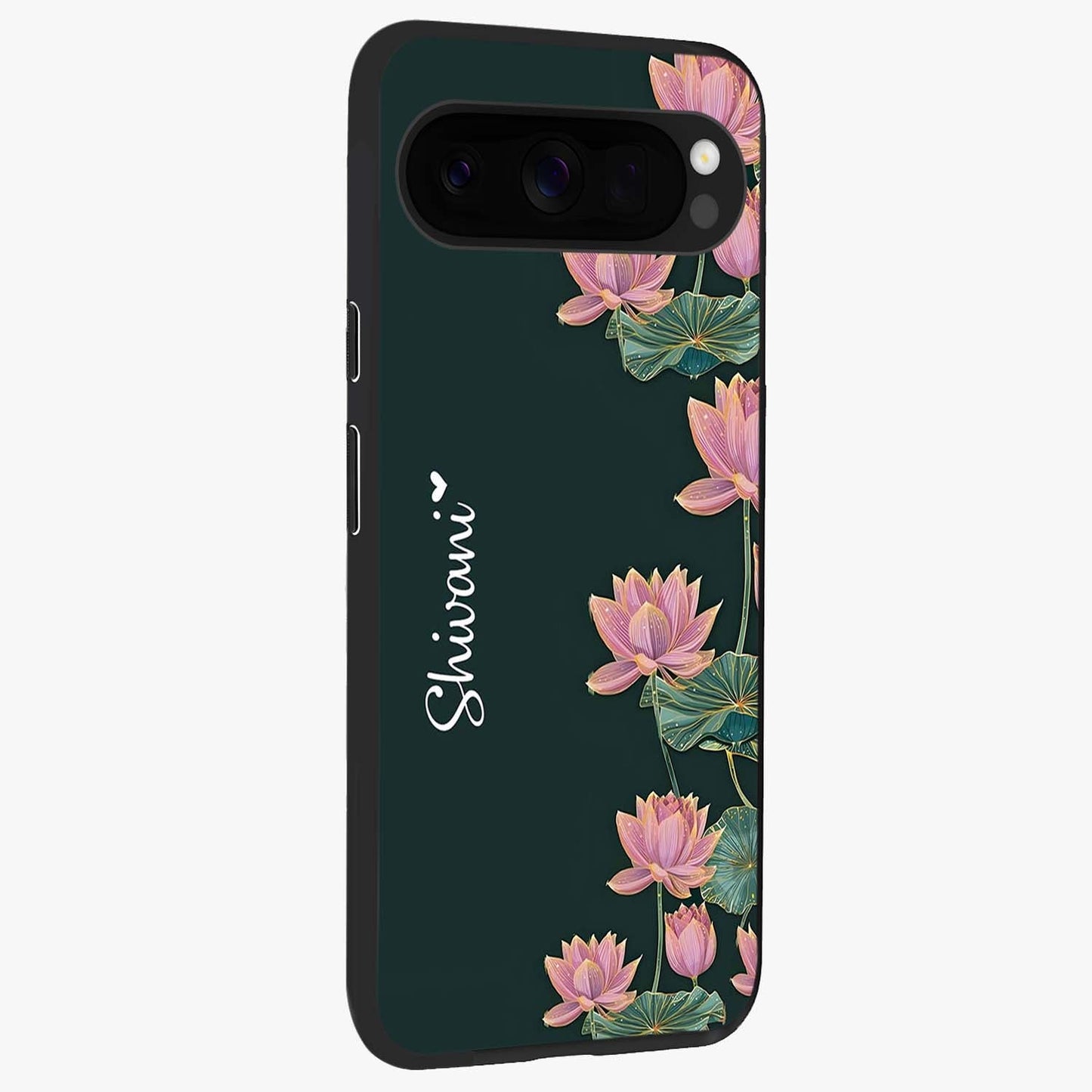 Lotus Bloom Serenity Custom Name Glass Case upright view showcasing serene lotus bloom artwork with personalized floral aesthetic.