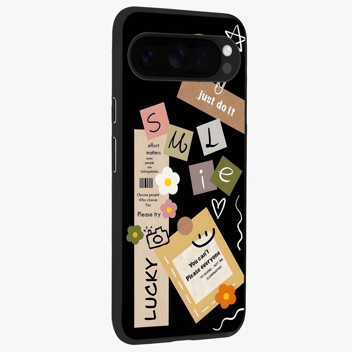 Lucky Aesthetic Collage Glass Case upright view showcasing vibrant collage artwork with youthful aesthetic theme.