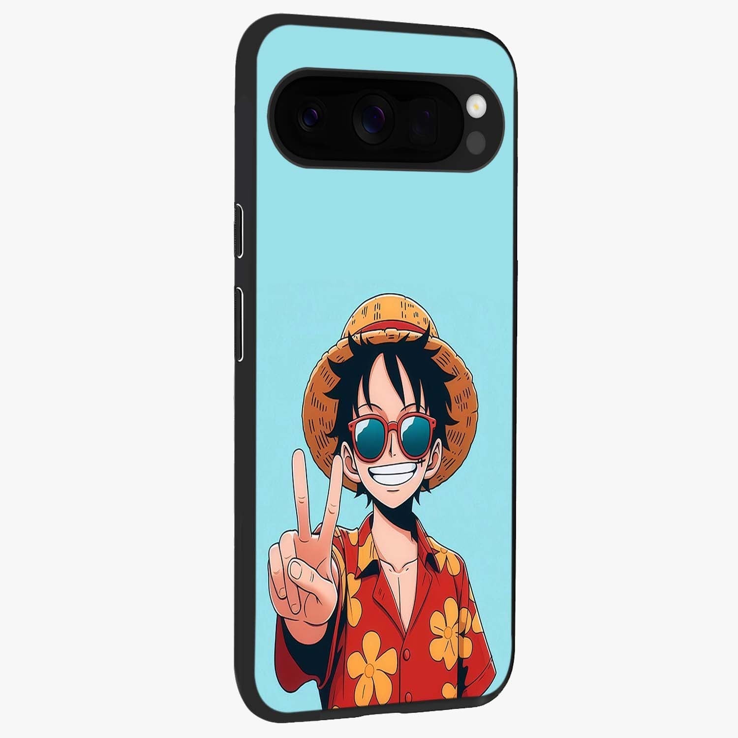 Luffy Summer Anime Vibe Glass Case upright view showcasing dynamic anime artwork with bright adventurous theme.
