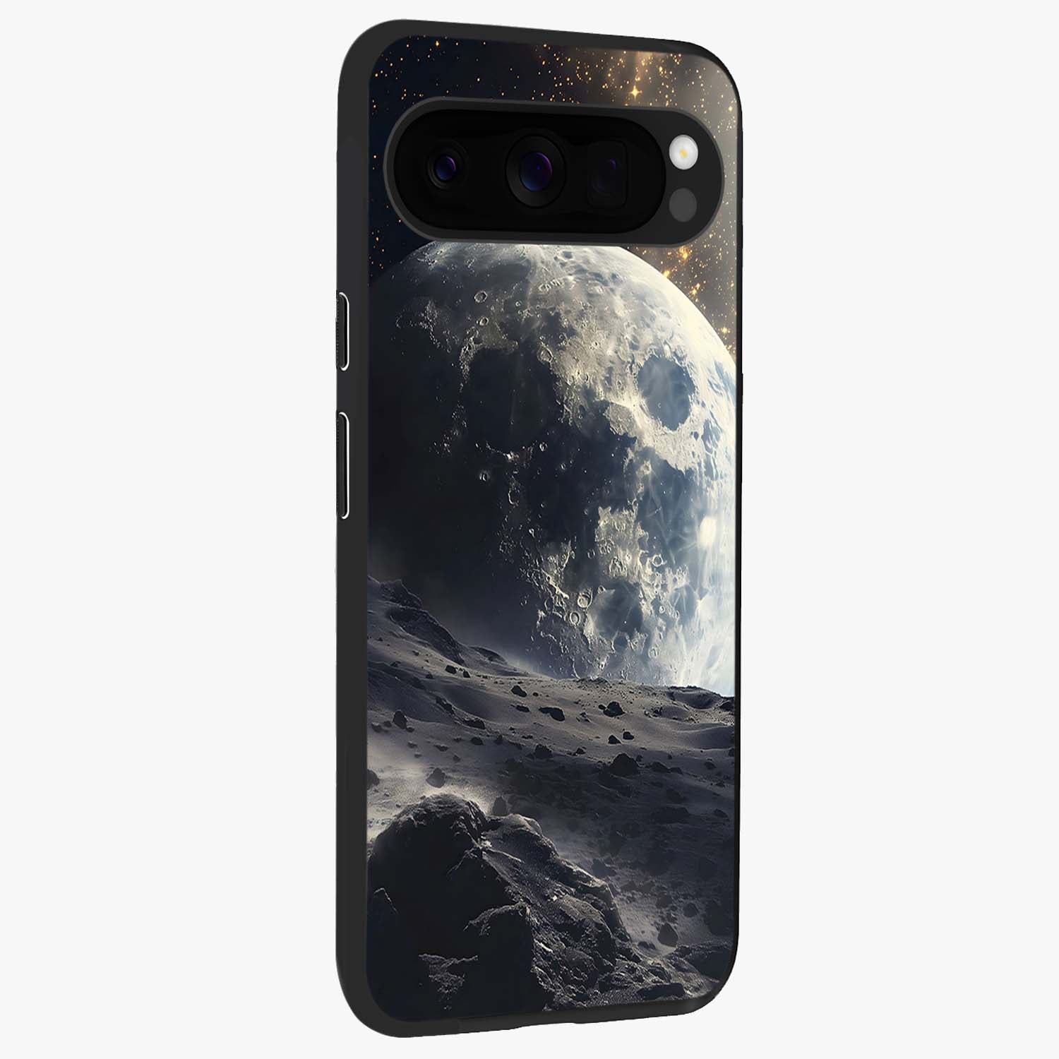 Lunar Horizon Glow Glass Case upright view showcasing radiant lunar artwork with calm cosmic theme.