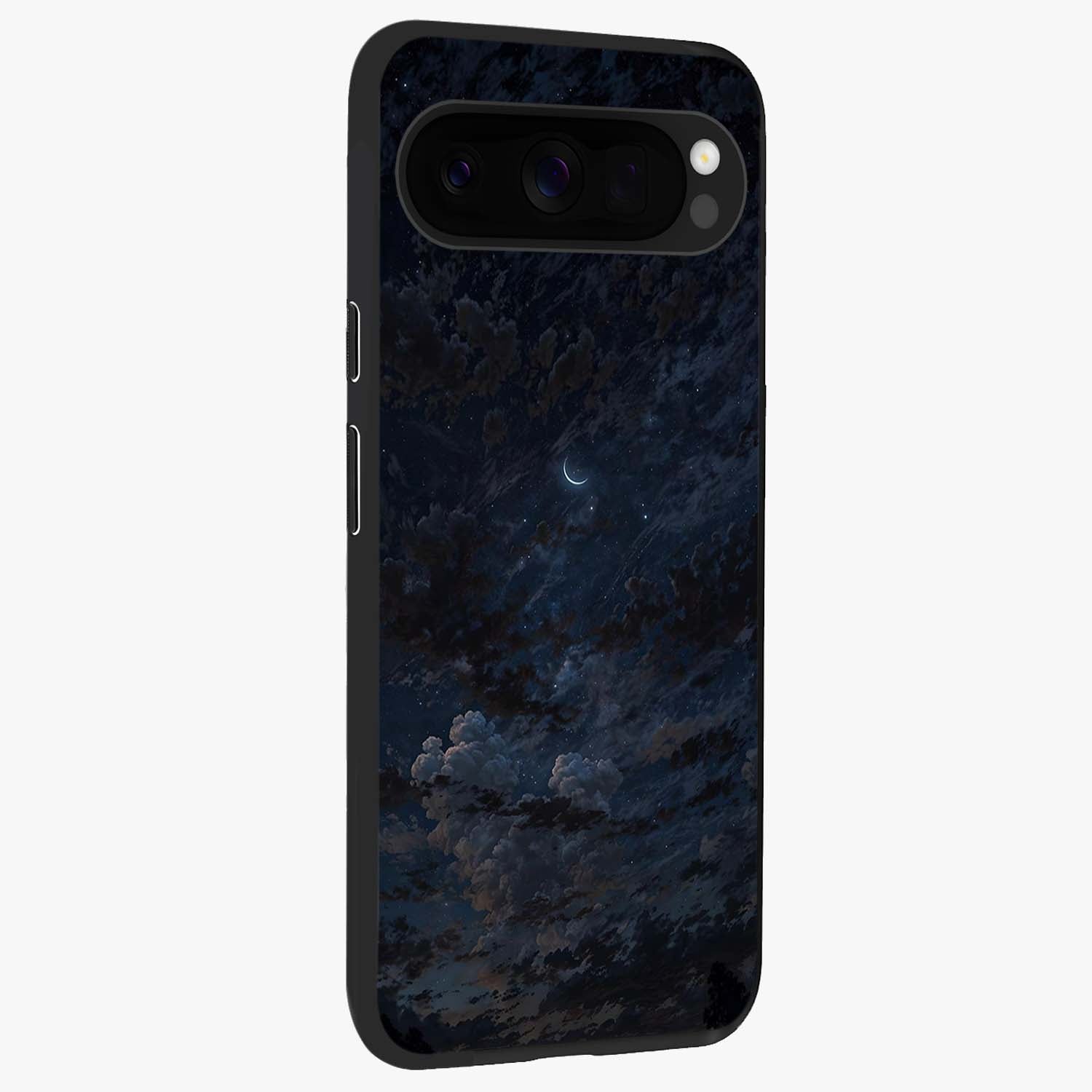 Lunar Veil Silence Glass Case upright view showcasing calm moon themed artwork with serene night atmosphere.