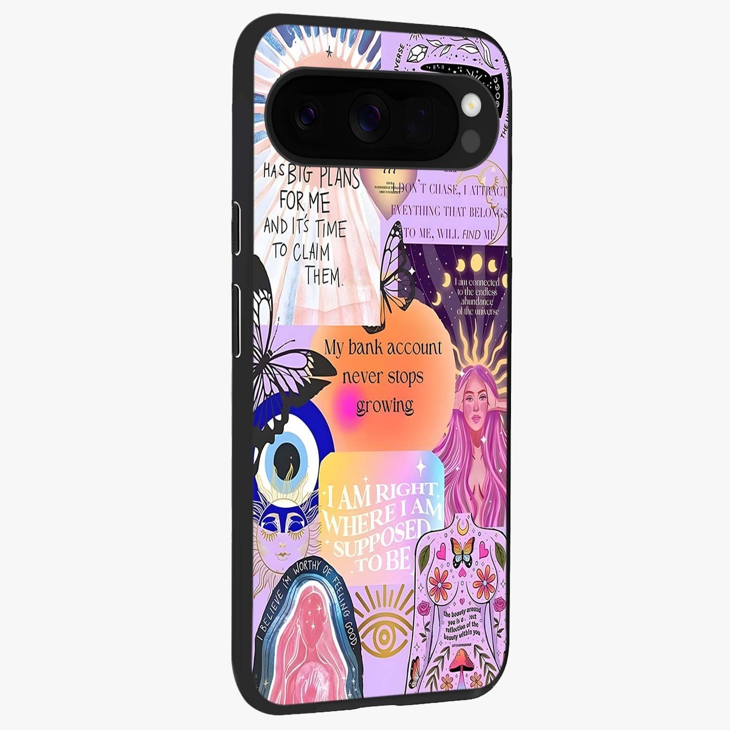 Manifestation Collage Glass Case upright view showcasing artistic manifestation themed artwork with creative style.
