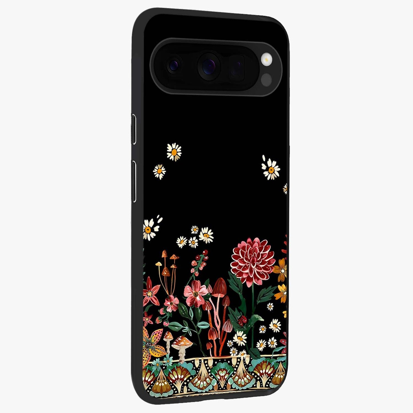 Midnight Bloom Pattern Glass Case upright view showcasing decorative floral artwork with deep night themed palette.