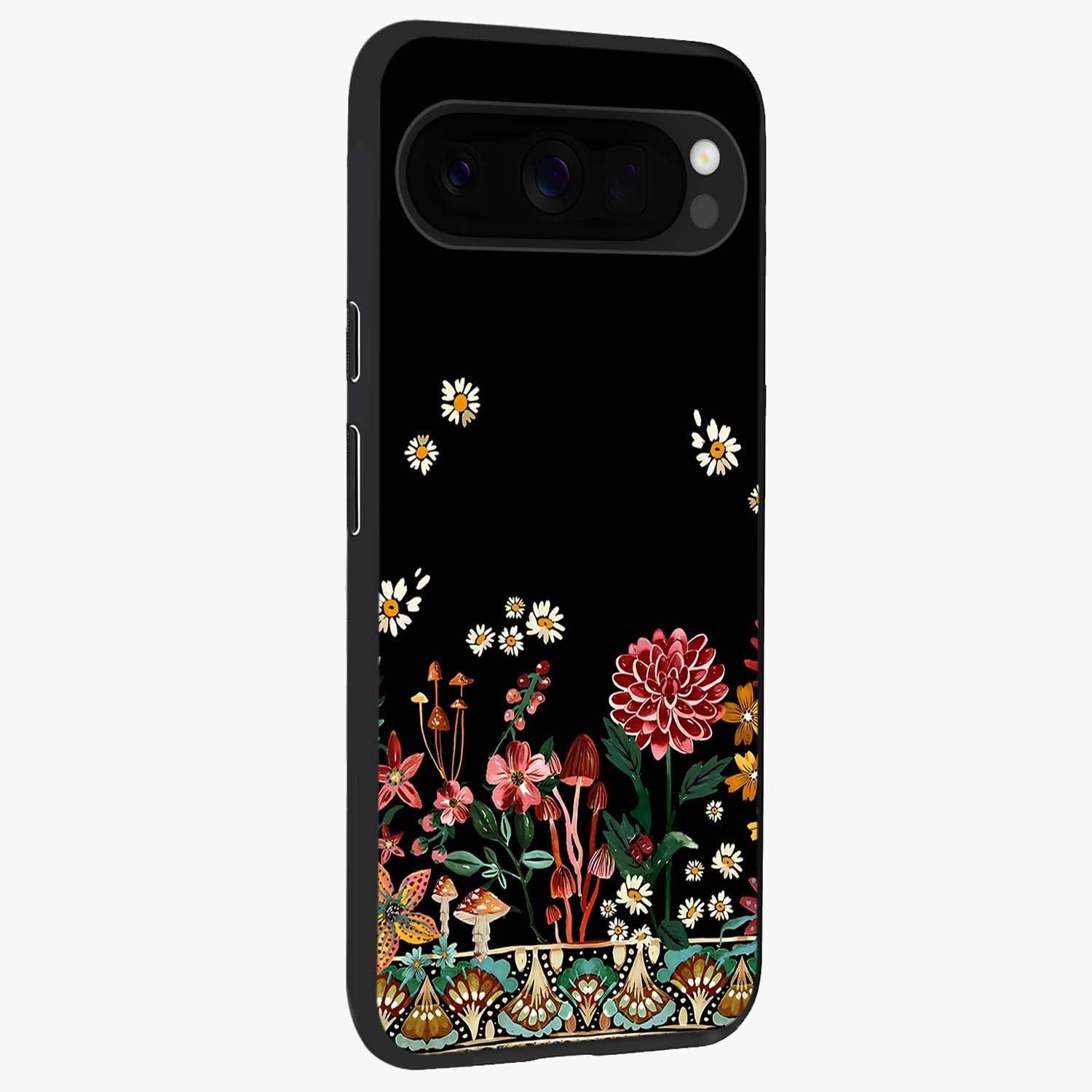 Midnight Bloom Pattern Glass Case upright view showcasing decorative floral artwork with deep night themed palette.