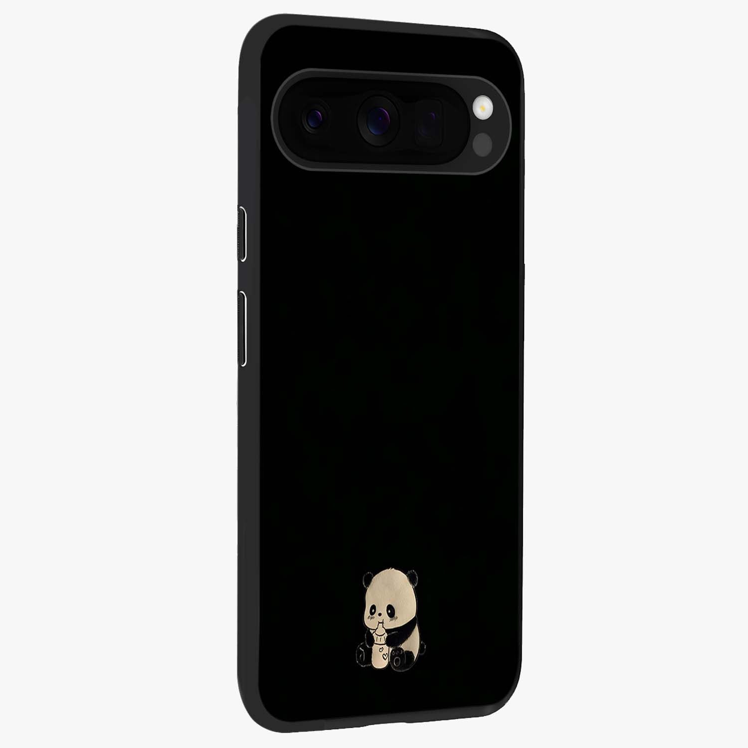 Midnight Panda Love Glass Case upright view showcasing charming panda artwork with playful romantic theme.