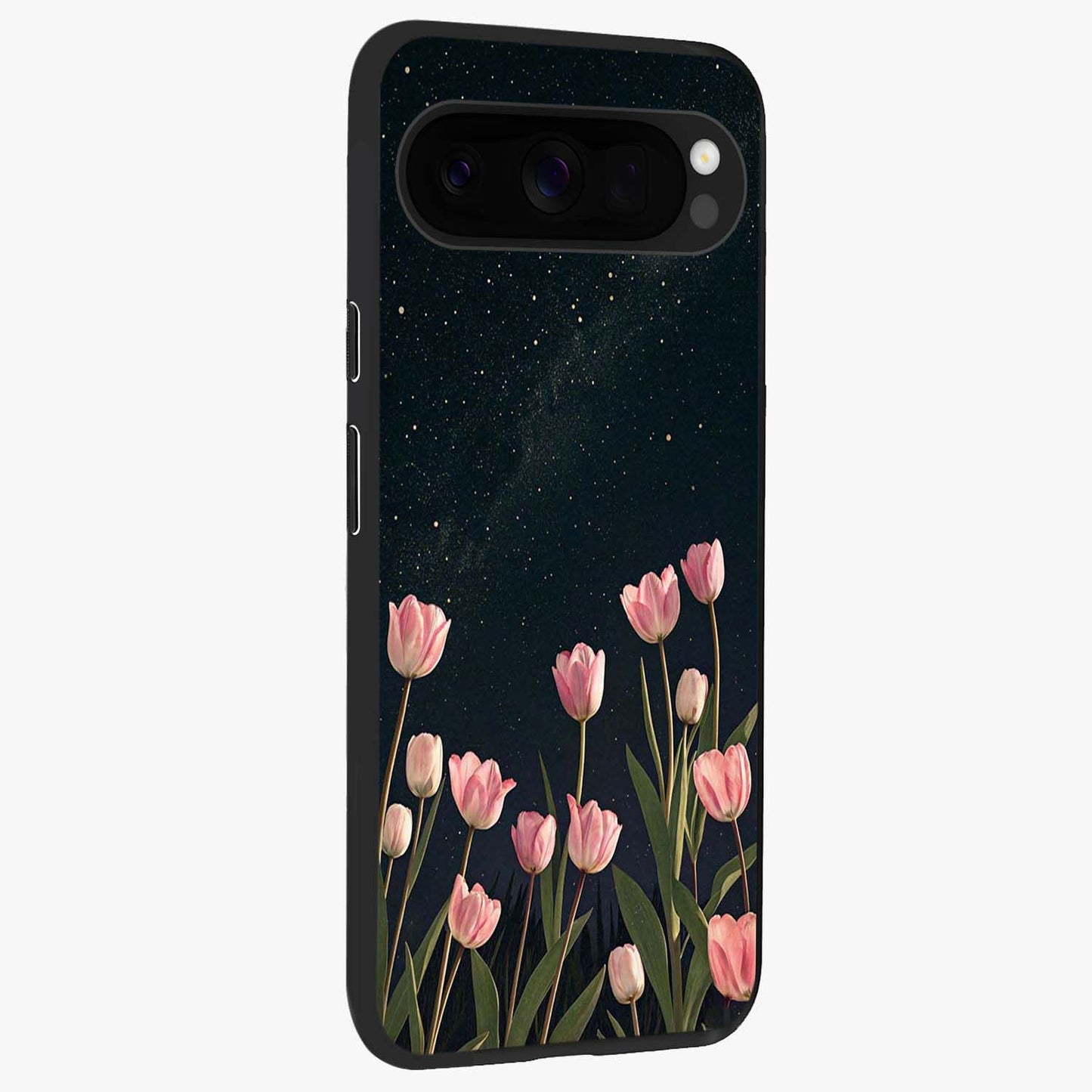 Midnight Tulip Whispers Vibe Glass Case upright view showcasing graceful tulip artwork with calm botanical theme.