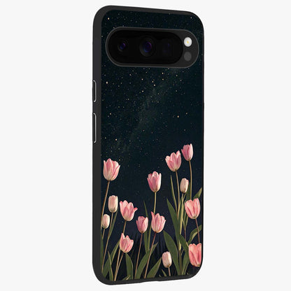 Midnight Tulip Whispers Vibe Glass Case upright view showcasing graceful tulip artwork with calm botanical theme.